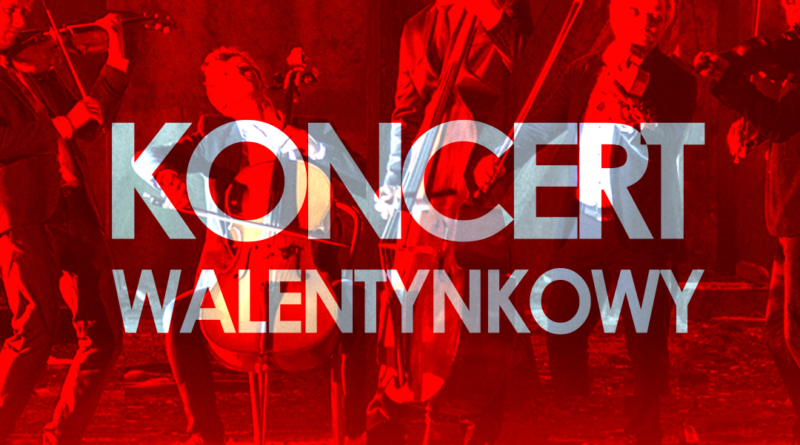 Grafika utrzymana w czerwonej tonacji, przedstawiająca zespół VOŁOSI. Napis "Koncert Walentynkowy"